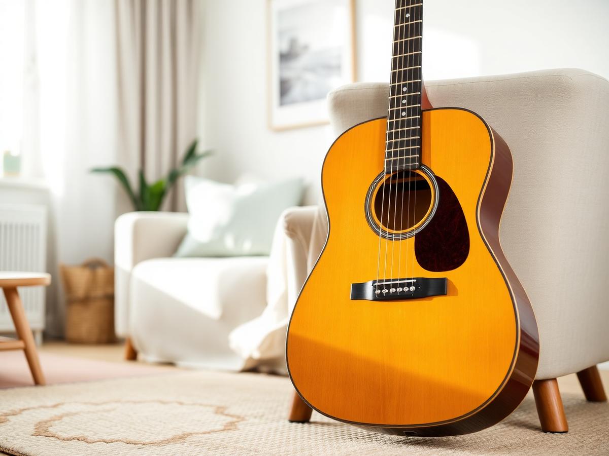 Acoustic guitar resting against a chair in a bright living room