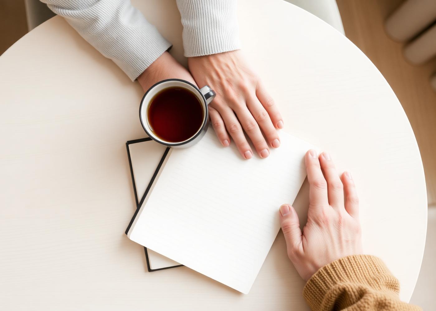Two people reviewing notes together over cups of tea at a table